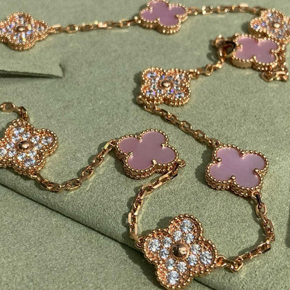 [AURORA]CLOVER 10 MOTIFS DIAMOND PINK MOP NECKLACE