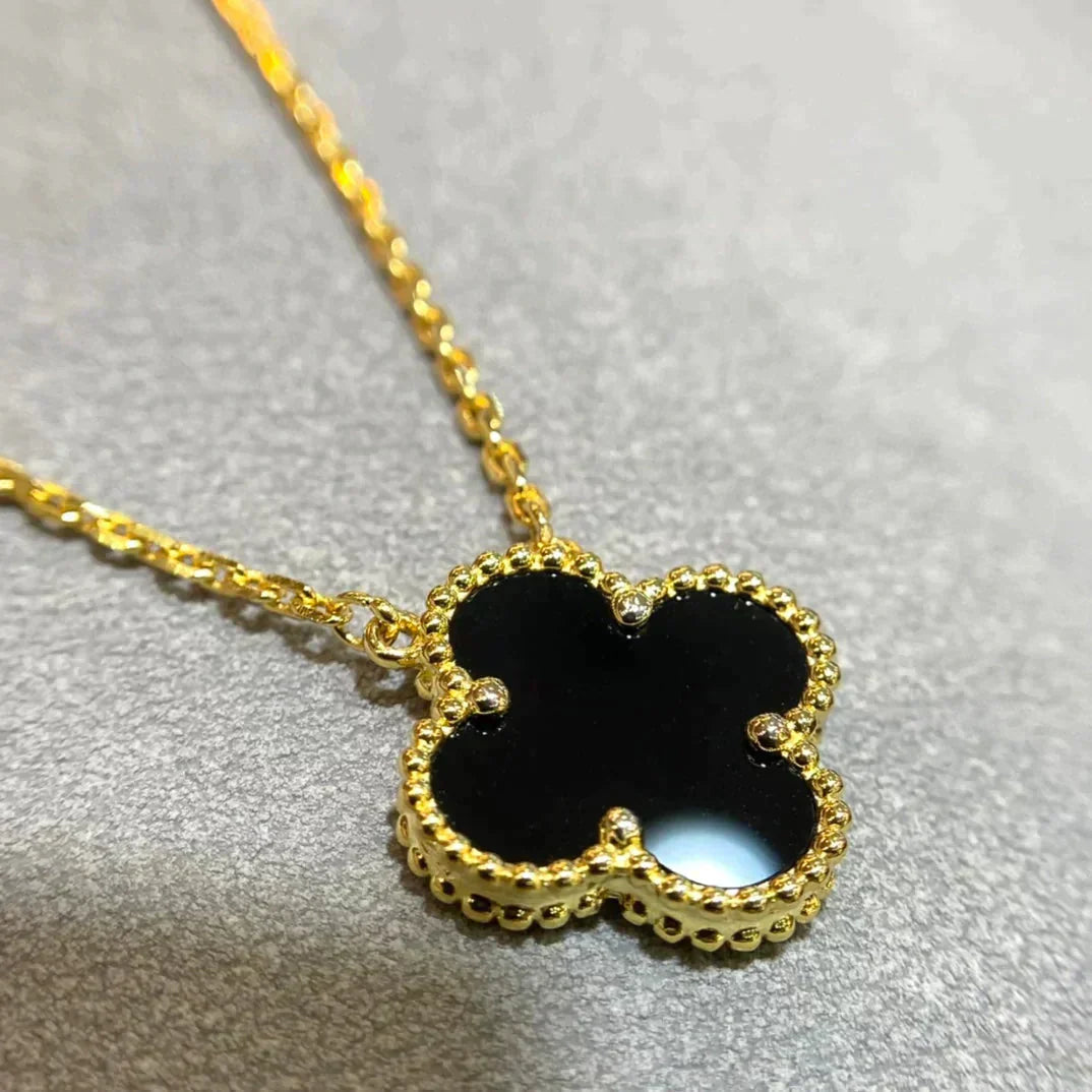 [basloveJW]クローバー 15mm ブラックオニキス シングルフラワーネックレス