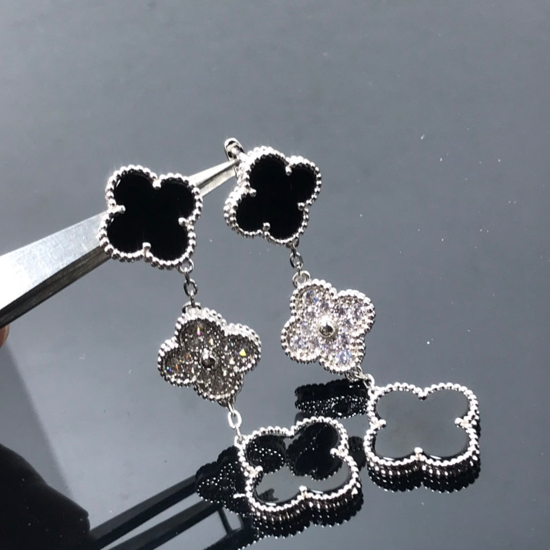 [basloveJW] Kleeblatt 3 Motiv Diamant Onyx Silber Ohrringe