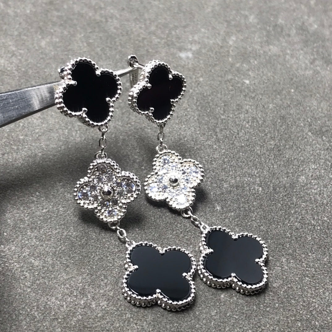 [basloveJW] Kleeblatt 3 Motiv Diamant Onyx Silber Ohrringe