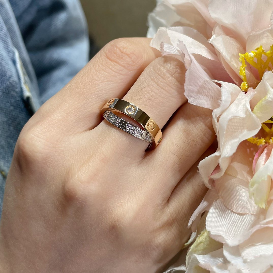 [AURORA]LOVE PINK GOLD SILVER DIAMOND DOUBLE RING