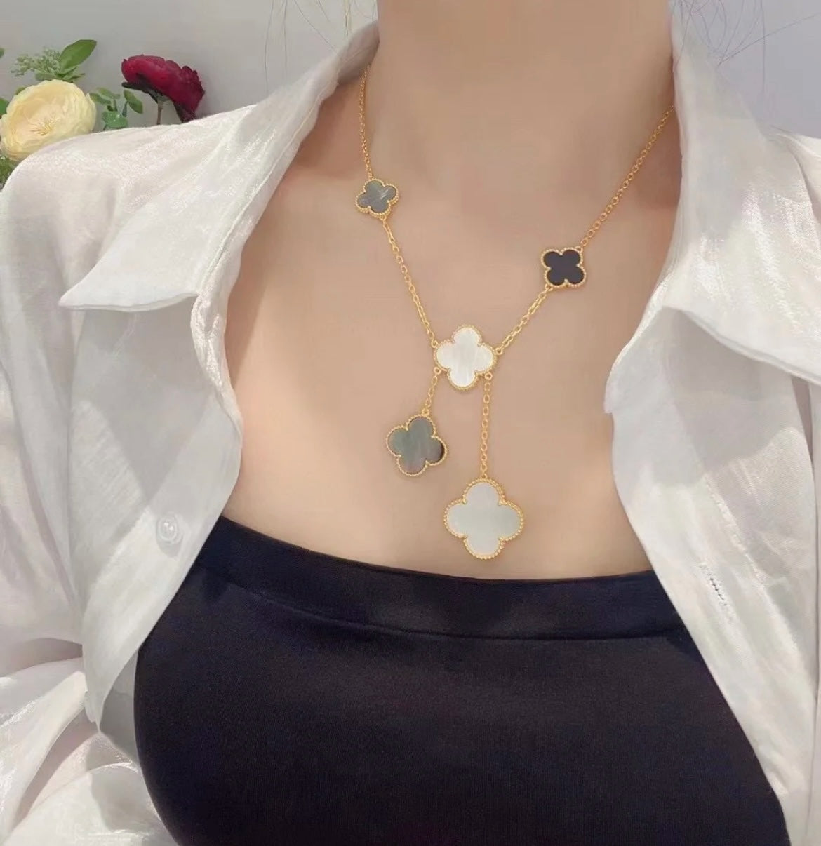 [basloveJW]CLOVER 6 MOTIV MOP ONYX GOLD HALSKETTE 