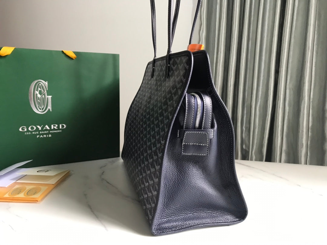HARDY PM BAG 40 IN NAVY BLUE GOYARDINE CANVAS AND BLACK TAURILLON LEATHER TRIM