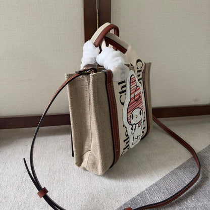 MY MELODY SMALL WOODY TOTE BAG 26.5 IN NATURAL FIBERS BEIGE WEBBING BROWN CALFSKIN