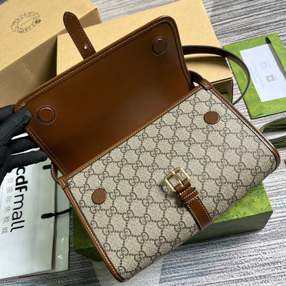 MESSENGER BAG 25 IN BEIGE CANVAS ANG BROWN CALFSKIN
