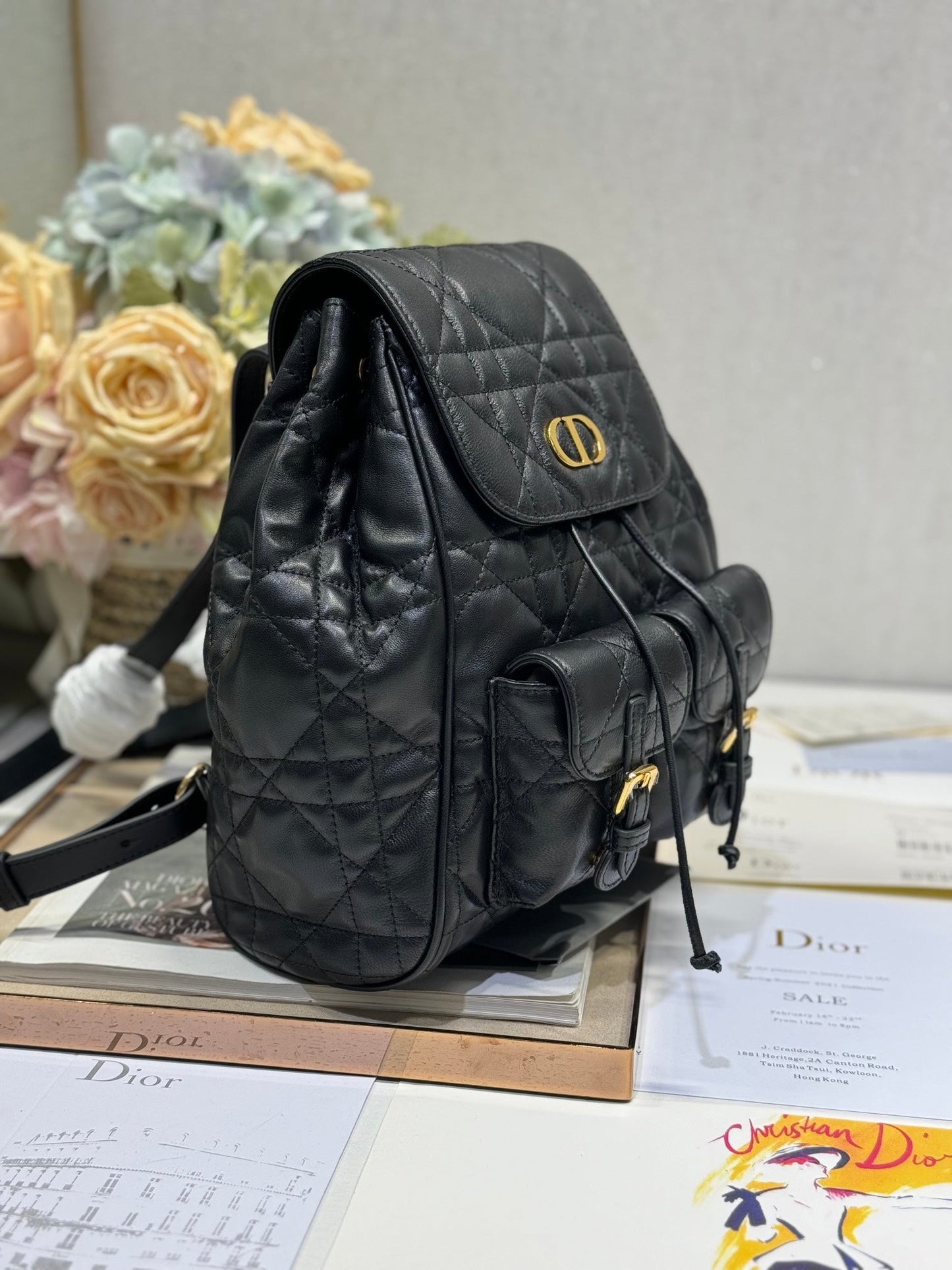 MEDIUM CARO BACKPACK 27 IN BLACK MACROCANNAGE LAMBSKIN