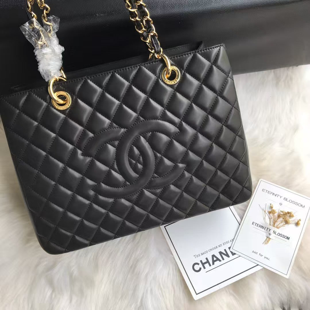 GST BLACE LEATHER SHOPPING BAG WITH GOLD HARDWARE