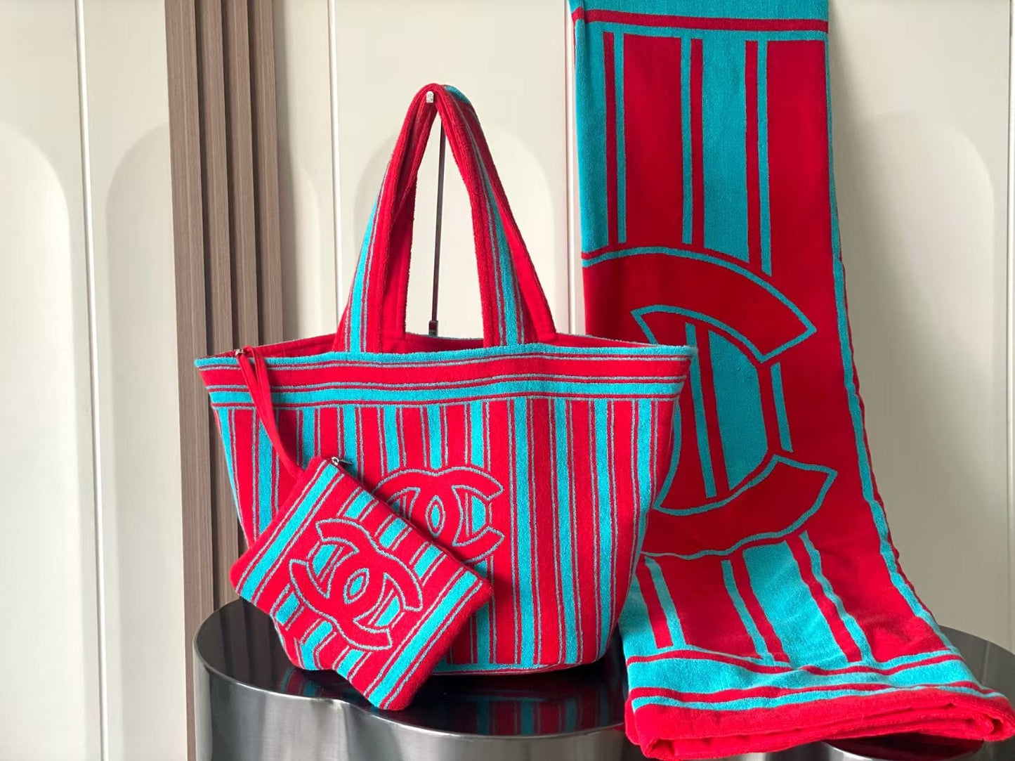CC 26S RED AND BLUE STRIPED BEACH BAG SET