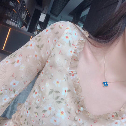 [basloveJW]クローバー 15mm ダイヤモンド＆ブルーアゲートネックレス