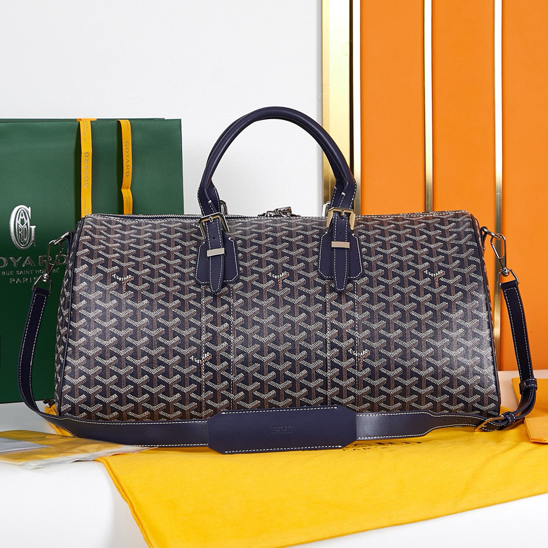 BOSTON 45 BAG IN NAVY BLUE GOYARDINE CANVAS AND CALFSKIN TRIM