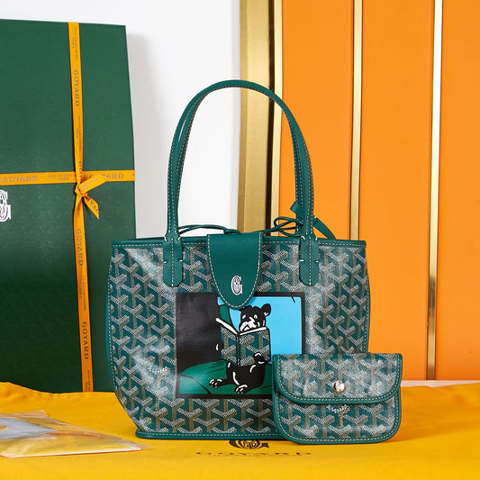 ANJOU MINI BAG 20 IN GREEN GOYARDINE CANVAS AND CALFSKIN WITH CARTOON PATCH