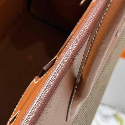 QUADRILLE BIRKIN 30CM IN GOLD SWIFT CALFSKIN AND BLACK/WHITE/BROWN TOILE CANVAS