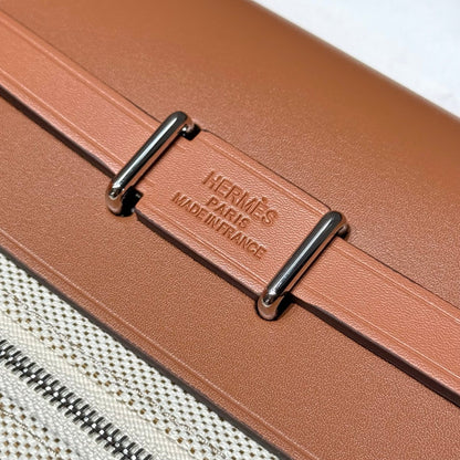 HERMES 25S MINI HERBAG 20 IN BEIGE AND BROWN CANVAS SILVER HARDWARE