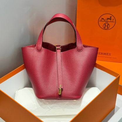 HERMES 25S PICOTIN LOCK 22 IN ROSSO ANCORA RED CALFSKIN GOLD HARDWARE