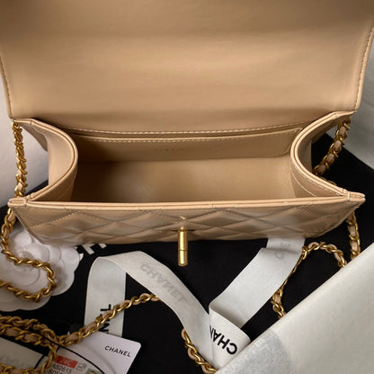 CC MINI 19 FLAP BAG IN DARK BEIGE CALFSKIN GOLD HARDWARE