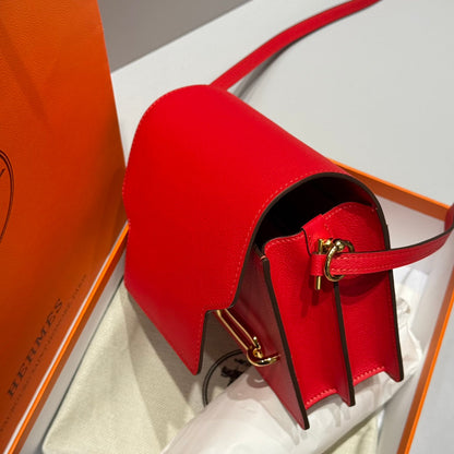 HM ROULIS 18 MINI BAG IN CARDINAL RED CALFSKIN GOLD-TONE HARDWARE