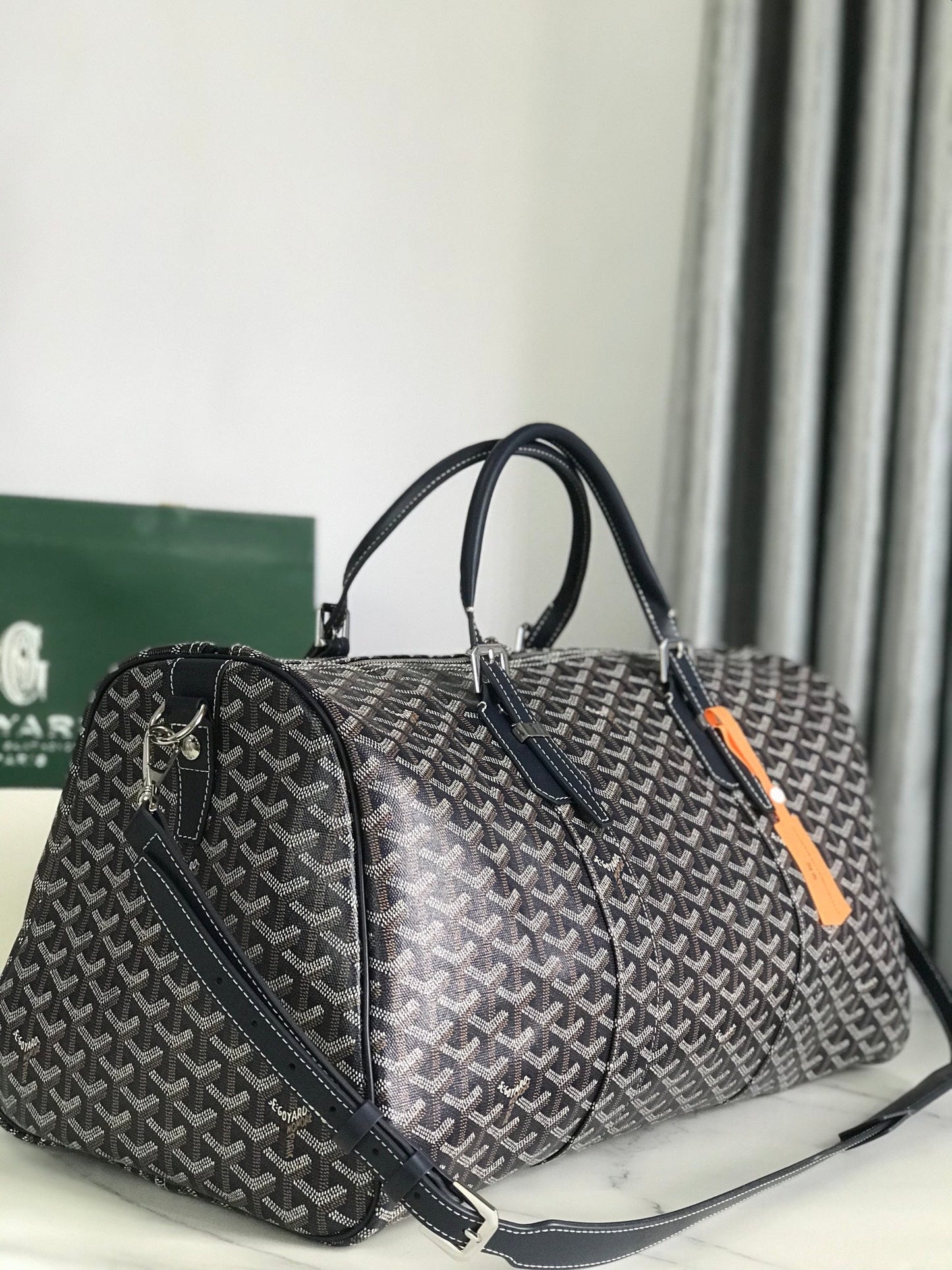 BOSTON 50 BAG IN NAVY BLUE GOYARDINE CANVAS AND CALFSKIN TRIM