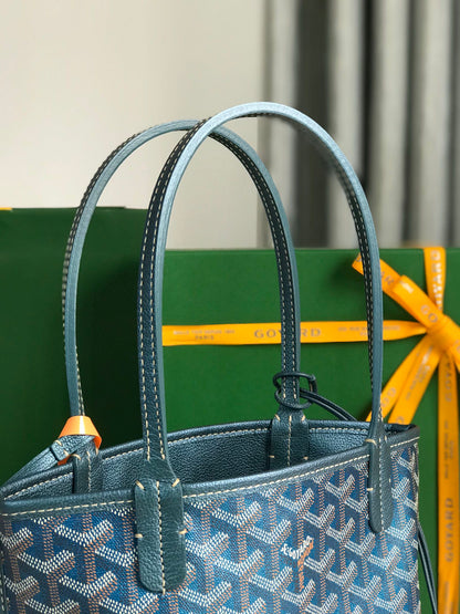 ANJOU MINI BAG 20 IN NAVY BLUE  CALFSKIN AND GOYARDINE CANVAS
