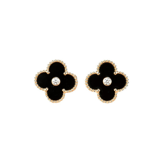 [AURORA]CLOVER MEDIUM 1 MOTIFS ONYX DIAMOND EARRINGS