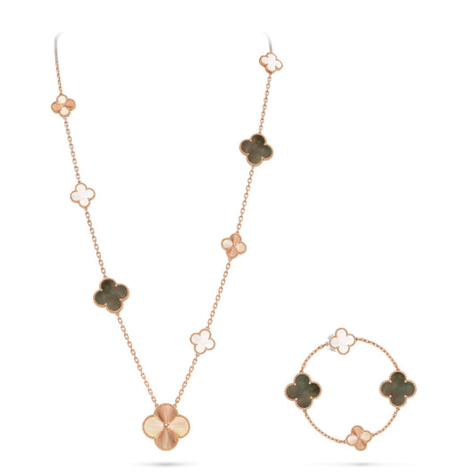[AURORA]DETACHABLE CLOVER 15(11+4) FLOWER ROSE GOLD NECKLACE SET