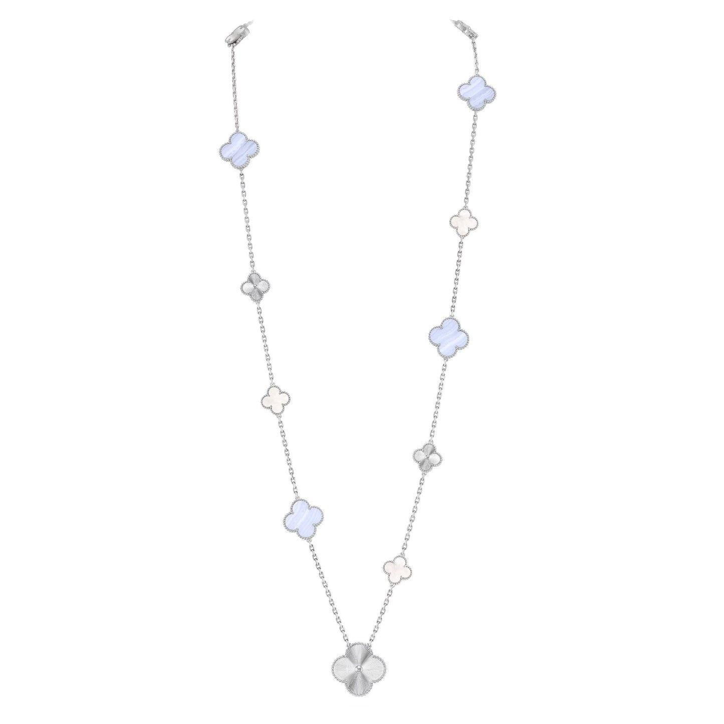 [AURORA]DETACHABLE CLOVER 15(11+4) FLOWER SILVER NECKLACE SET