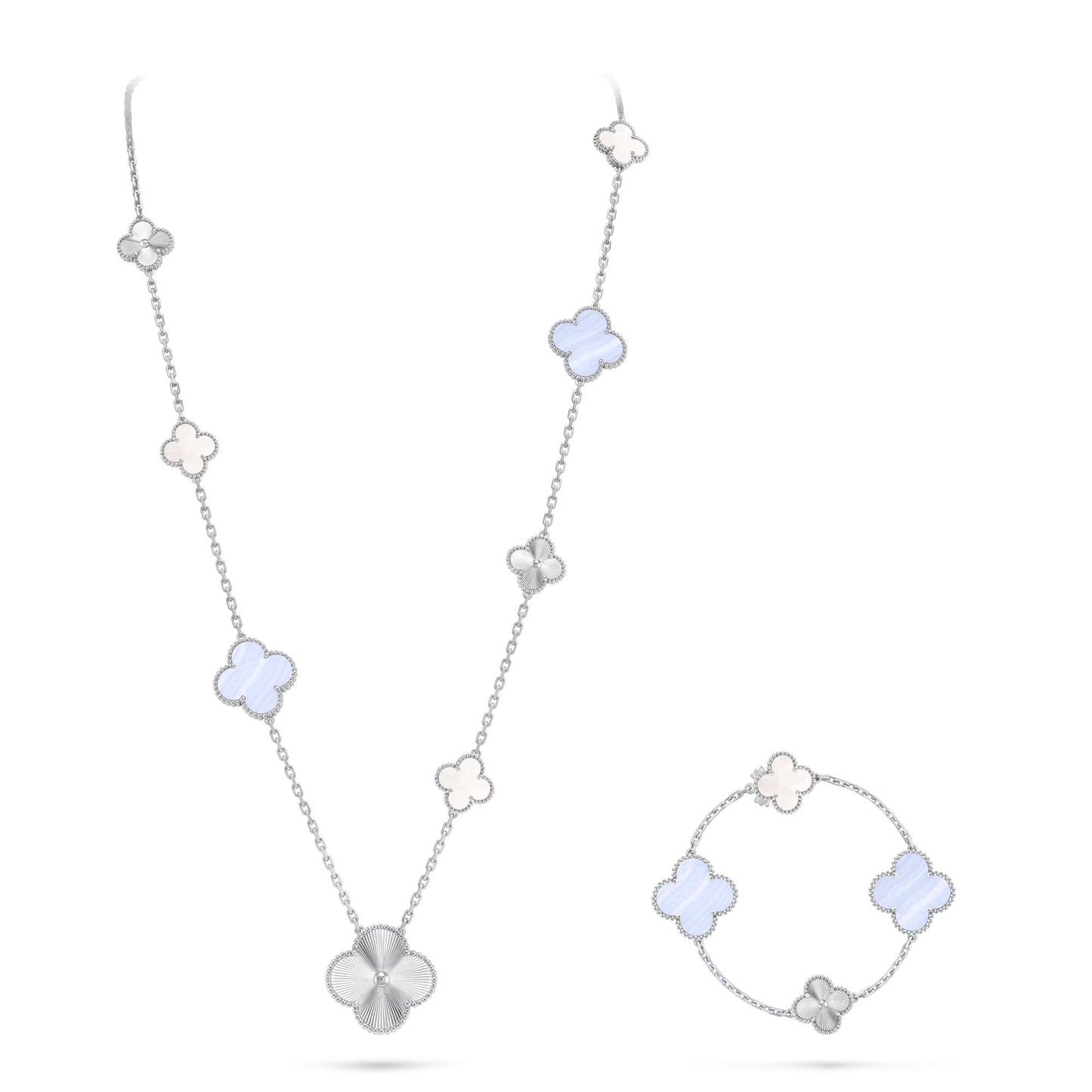 [AURORA]DETACHABLE CLOVER 15(11+4) FLOWER SILVER NECKLACE SET