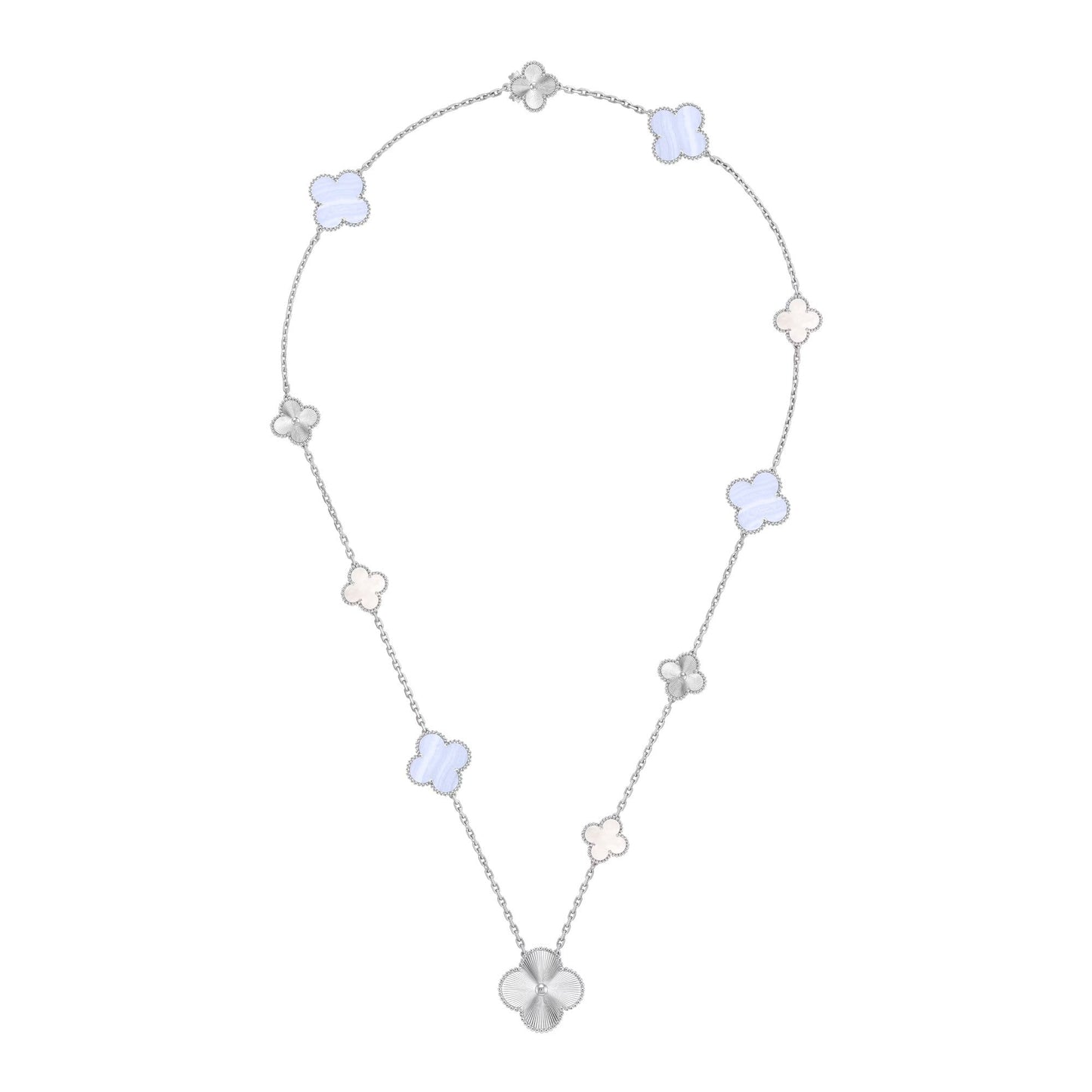 [AURORA]DETACHABLE CLOVER 15(11+4) FLOWER SILVER NECKLACE SET